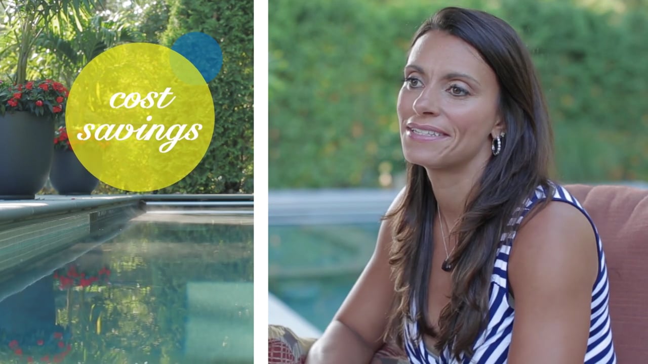 customer testimonial for automatic pool cover video highlighting cost savings.